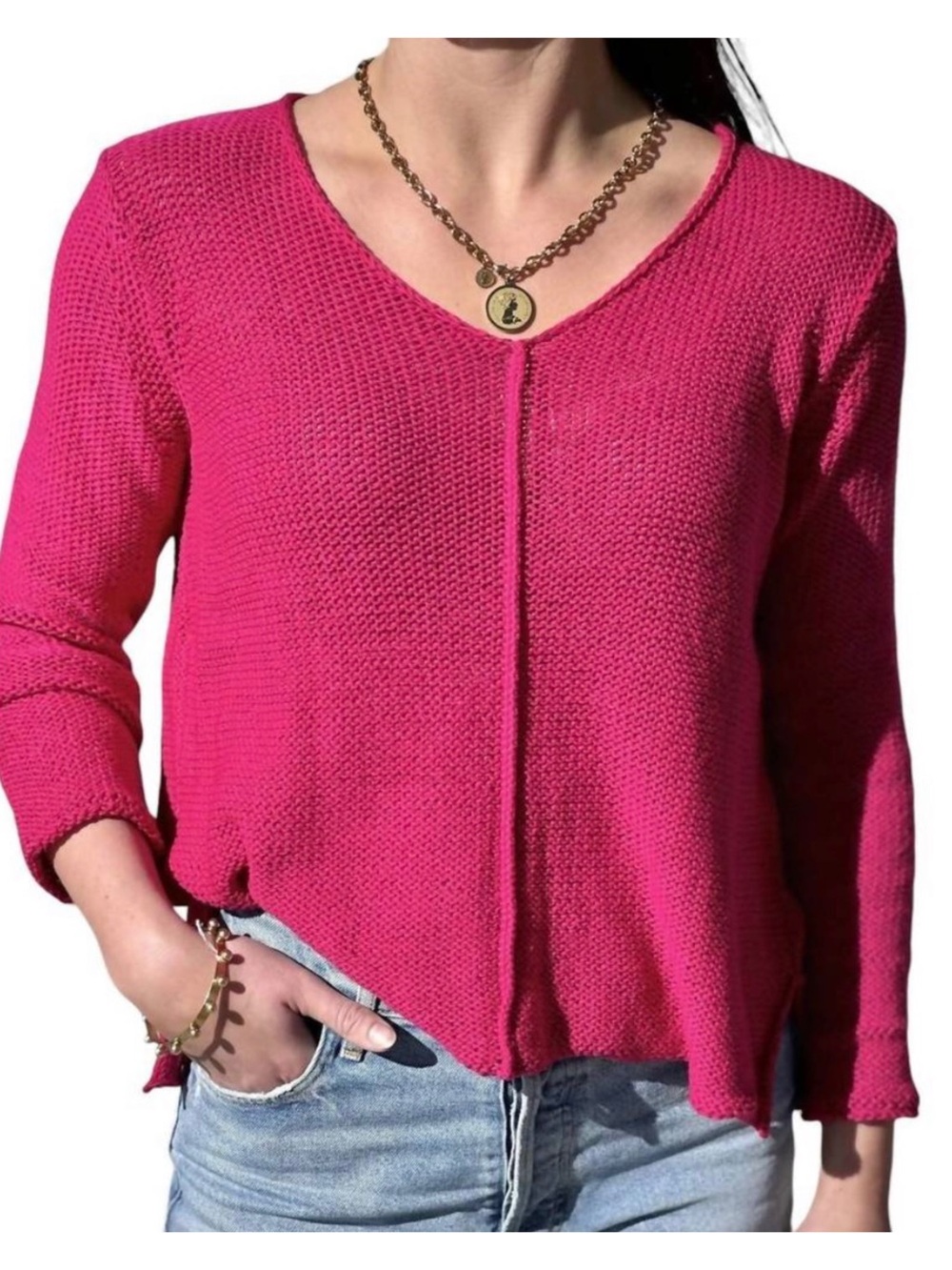 Wooden Ships Sanibel V-Neck Cotton Pink Knit Sweater Lightweight NWT Beachy Boho